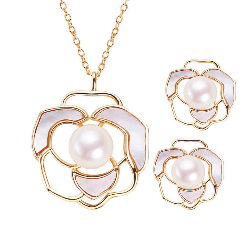 Fortune Jewel 925 Sterling Silver Pearl Camellia Pattern Happiness Necklace Pendant Earrings
