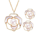 Fortune Jewel 925 Sterling Silver Pearl Camellia Pattern Happiness Necklace Pendant Earrings