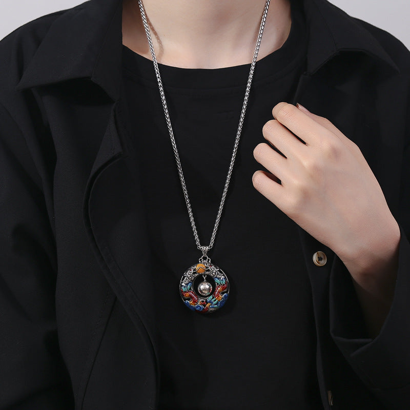 Fortune Jewel Year of the Dragon Colorful Double Dragons Playing Bead Copper Protection Necklace Pendant
