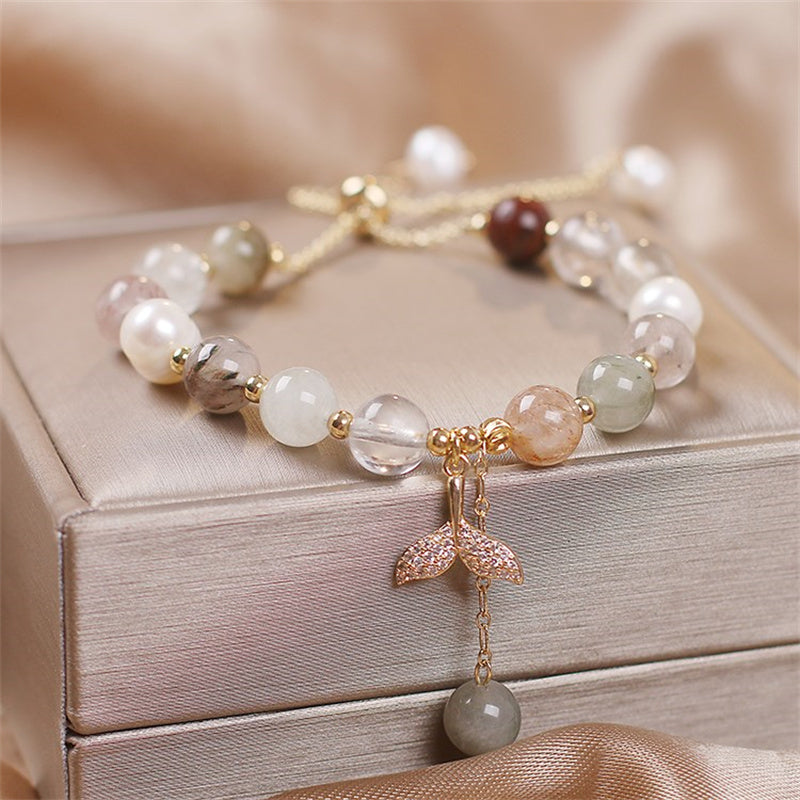 Fortune Jewel Strawberry Quartz Rutilated Quartz Fishtail Charm Healing Bracelet