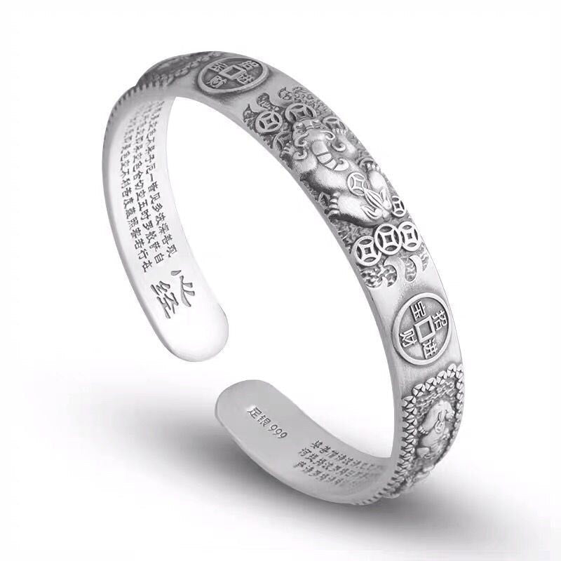 Fortune Jewel Tibetan PiXiu Heart Sutra Coin White Copper Wealth Bracelet Adjustable Bangle