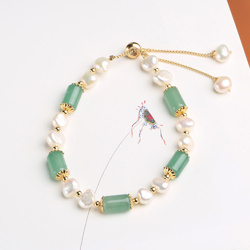 Fortune Jewel Green Aventurine Pearl Pink Crystal Bead Luck Bracelet