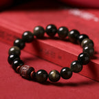 Fortune Jewel Natural Gold Sheen Obsidian Rainbow Obsidian Om Mani Padme Hum Fu Character Healing Bracelet
