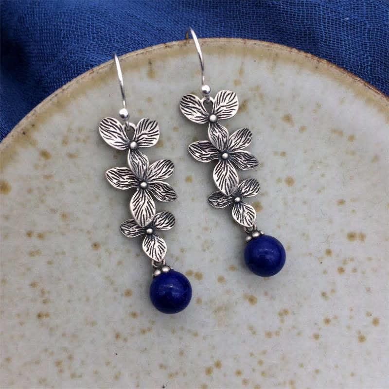 Fortune Jewel 925 Sterling Silver Turquoise Lazurite Flower Leaf Serenity Protection Hook Drop Dangle Earrings