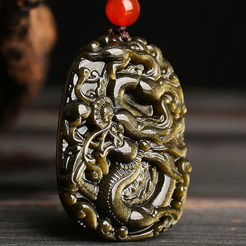 Fortune Jewel Gold Sheen Obsidian Dragon Pattern Success Necklace Pendant