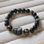 Fortune Jewel Natural Silver Sheen Obsidian Black Obsidian Om Mani Padme Hum Pixiu Protection Bracelet