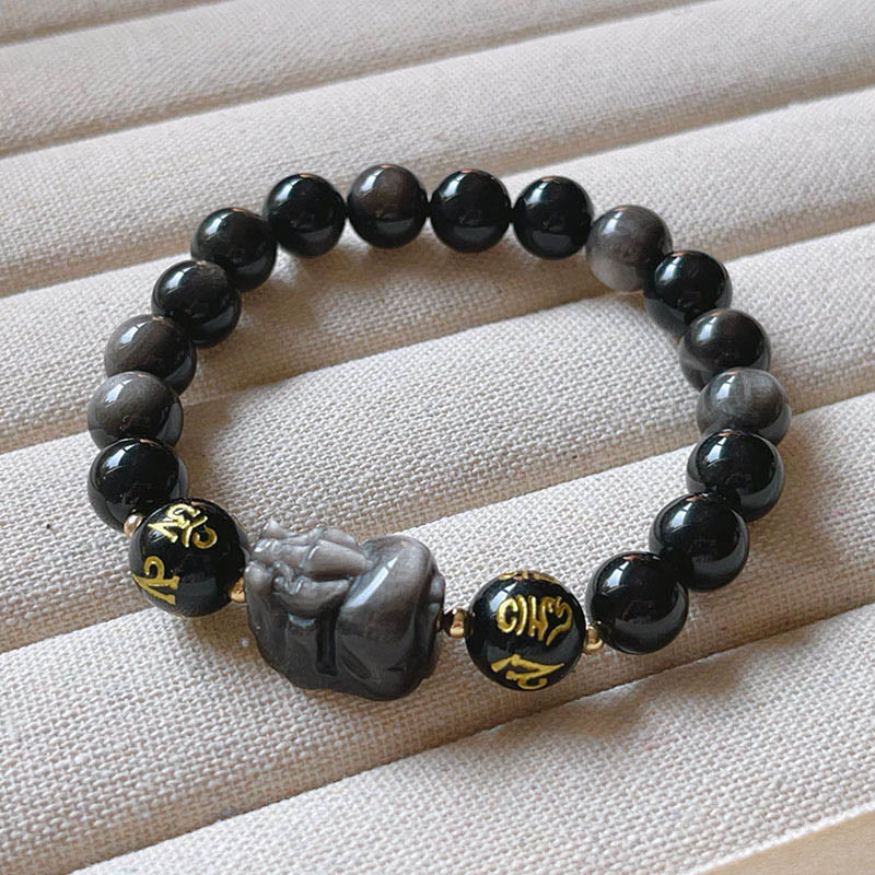 Fortune Jewel Natural Silver Sheen Obsidian Black Obsidian Om Mani Padme Hum Pixiu Protection Bracelet