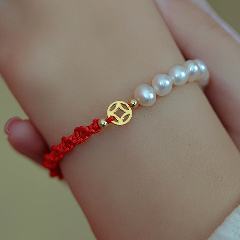 Fortune Jewel 14K Gold Plated Pearl Bead Luck Protection Braid Red String Bracelet