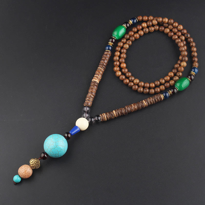 Fortune Jewel Tibetan Wenge Wood Bodhi Seed Agate Balance Peace Necklace Pendant