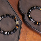 Fortune Jewel Natural Silver Sheen Obsidian Crystal Om Mani Padme Hum Bead Protection Bracelet