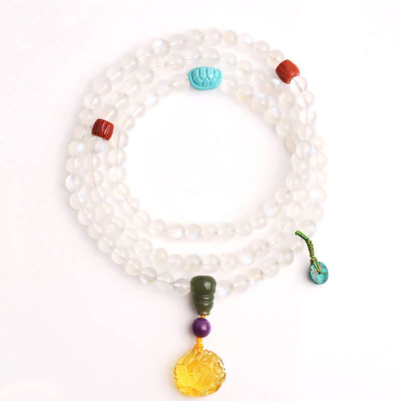 Fortune Jewel 108 Mala Beads Moonstone Amber Lotus Turquoise Crystal Healing Bracelet