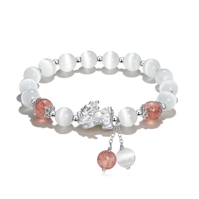 Fortune Jewel Natural Cat's Eye Moonstone Strawberry Quartz PiXiu Support Bracelet