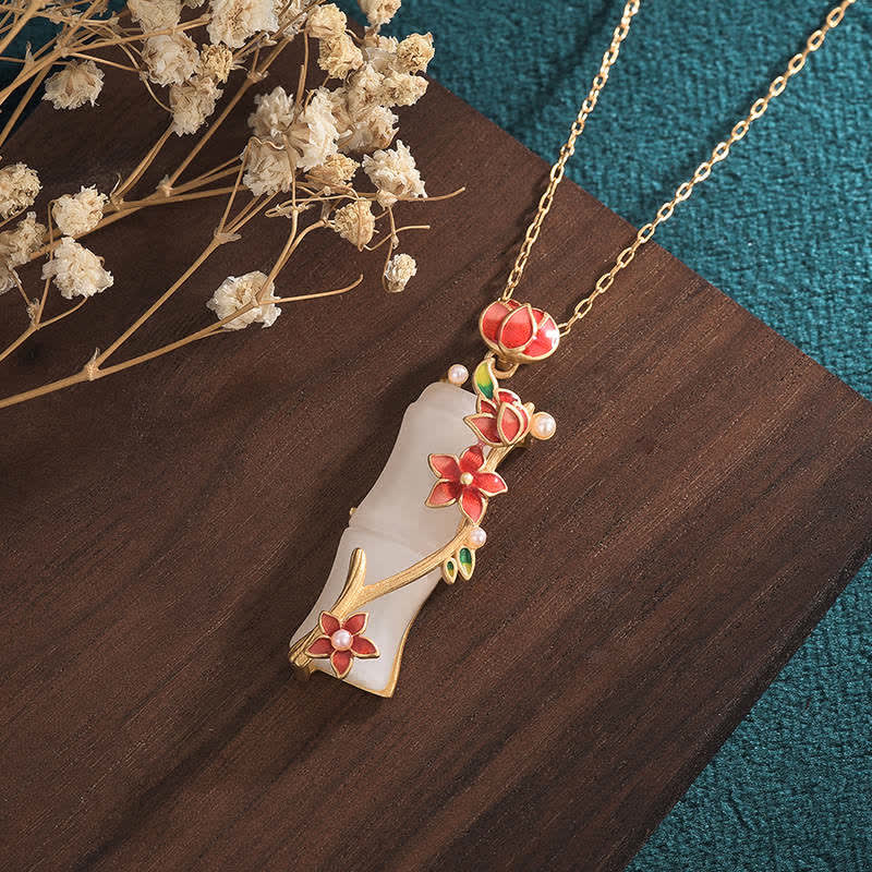 Fortune Jewel White Jade Bamboo Lotus Flowers Luck Protection Necklace Pendant