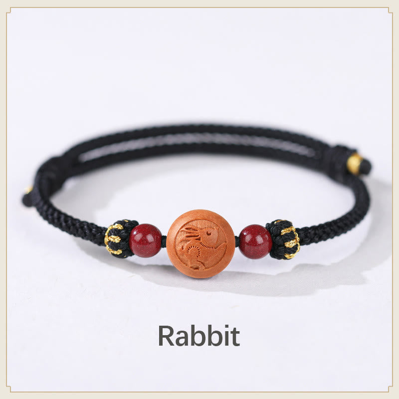 Fortune Jewel Natural Peach Wood Chinese Zodiac Fu Character Carved Cinnabar Wealth Bracelet