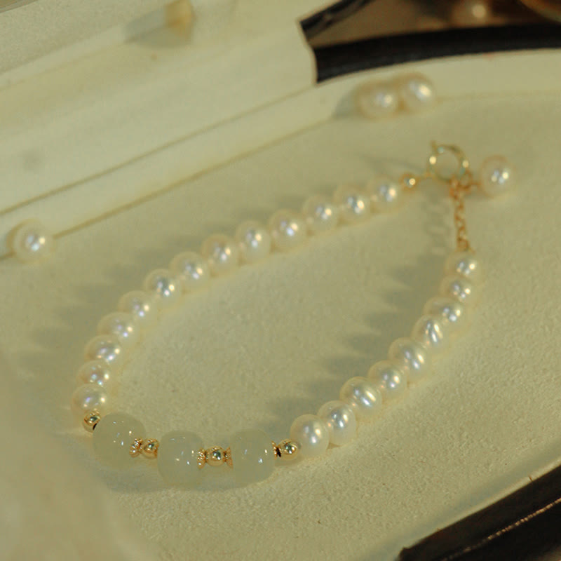 Fortune Jewel 14K Gold Plated Natural Pearl Hetian Cyan Jade White Jade Sincerity Bead Chain Bracelet