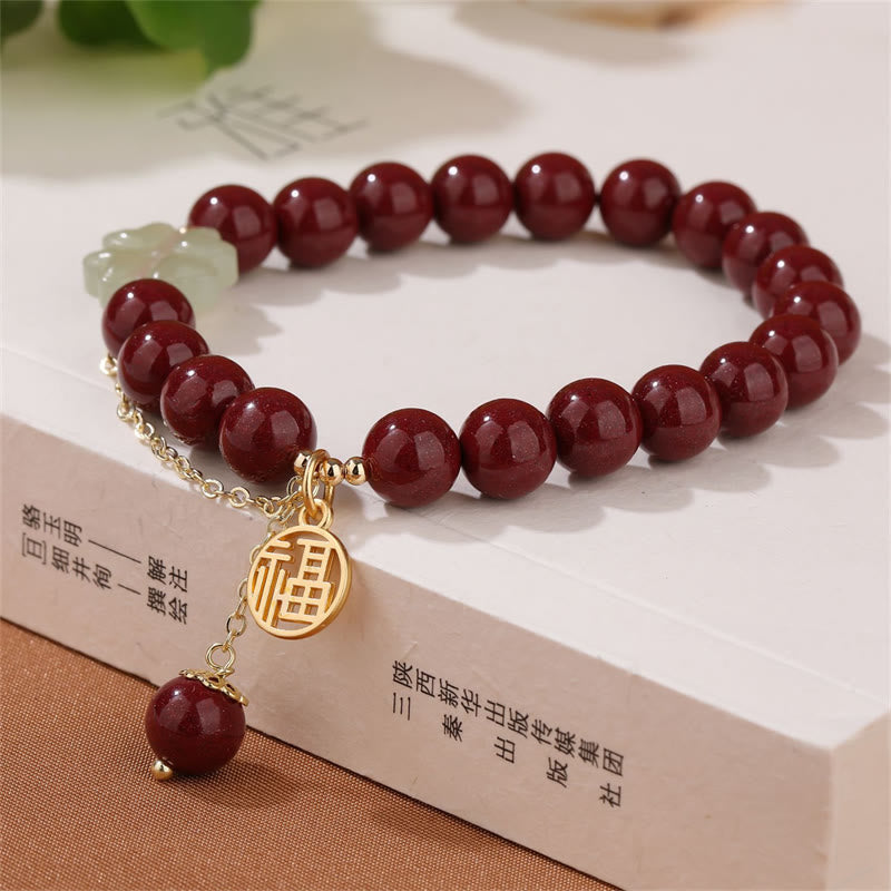 Fortune Jewel Cinnabar Fu Character Hetian Jade Lucky Four Leaf Clover Blessing Bracelet