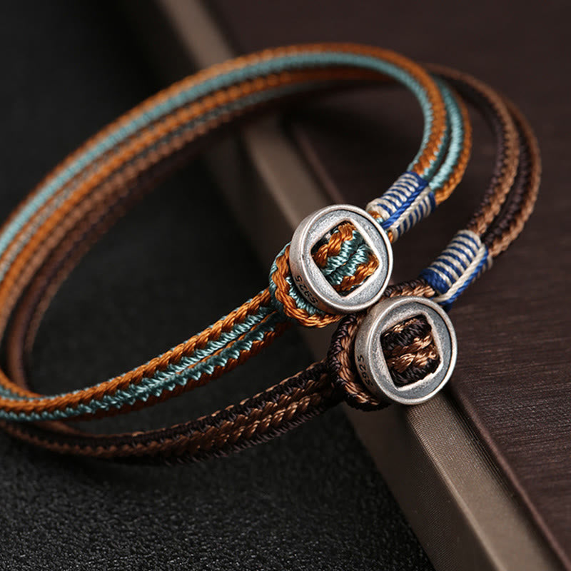 Fortune Jewel  925 Sterling Silver Handmade Button Protection Weave String Bracelet