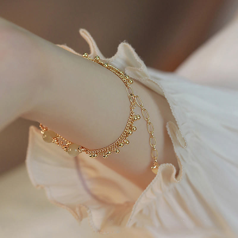 Fortune Jewel 14K Gold Plated 2 Layers Hetian Jade Bead Luck Prosperity Bracelet