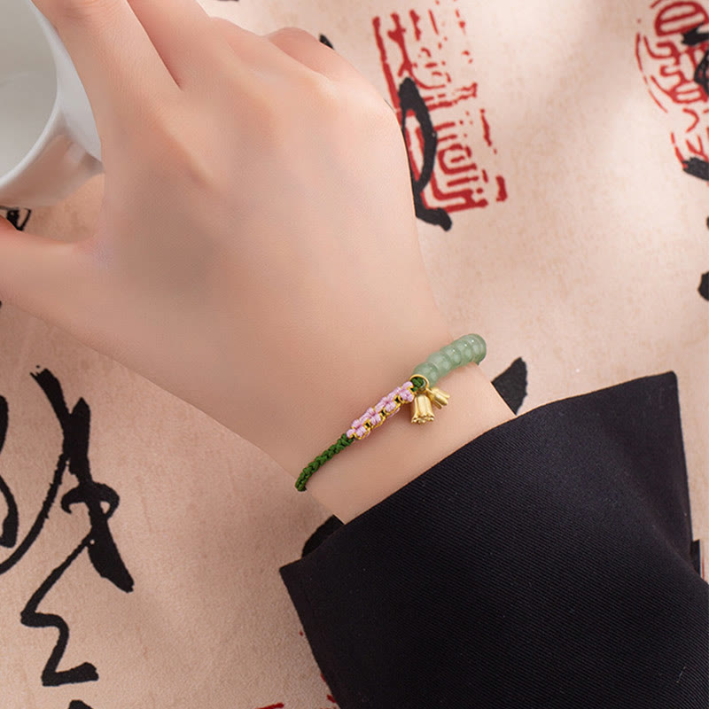 Fortune Jewel Handmade Jade Bead Lily of the Valley Charm Luck Braided Bracelet