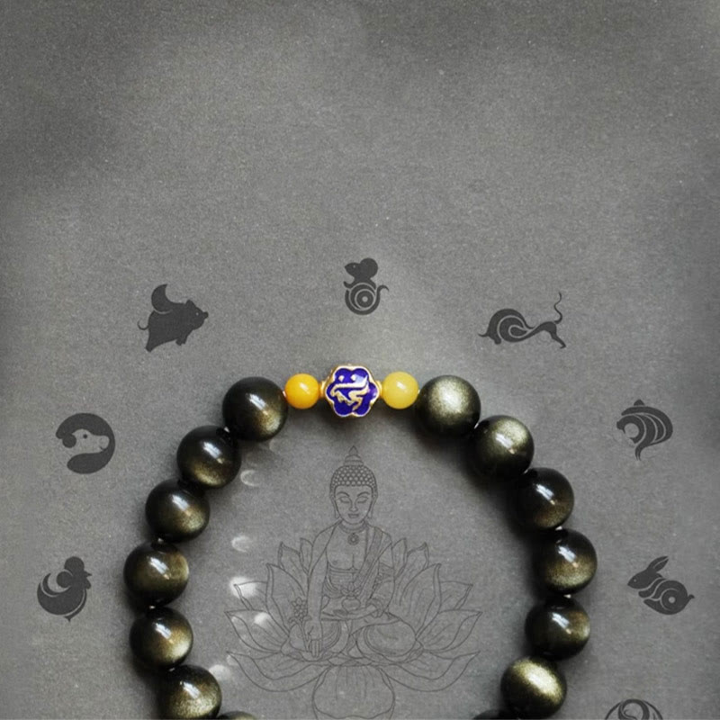 Fortune Jewel 925 Sterling Silver Chinese Zodiac Natal Buddha Natural Gold Sheen Obsidian Amber Wealth Protection Bracelet