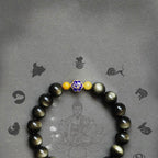 Fortune Jewel 925 Sterling Silver Chinese Zodiac Natal Buddha Natural Gold Sheen Obsidian Amber Wealth Protection Bracelet
