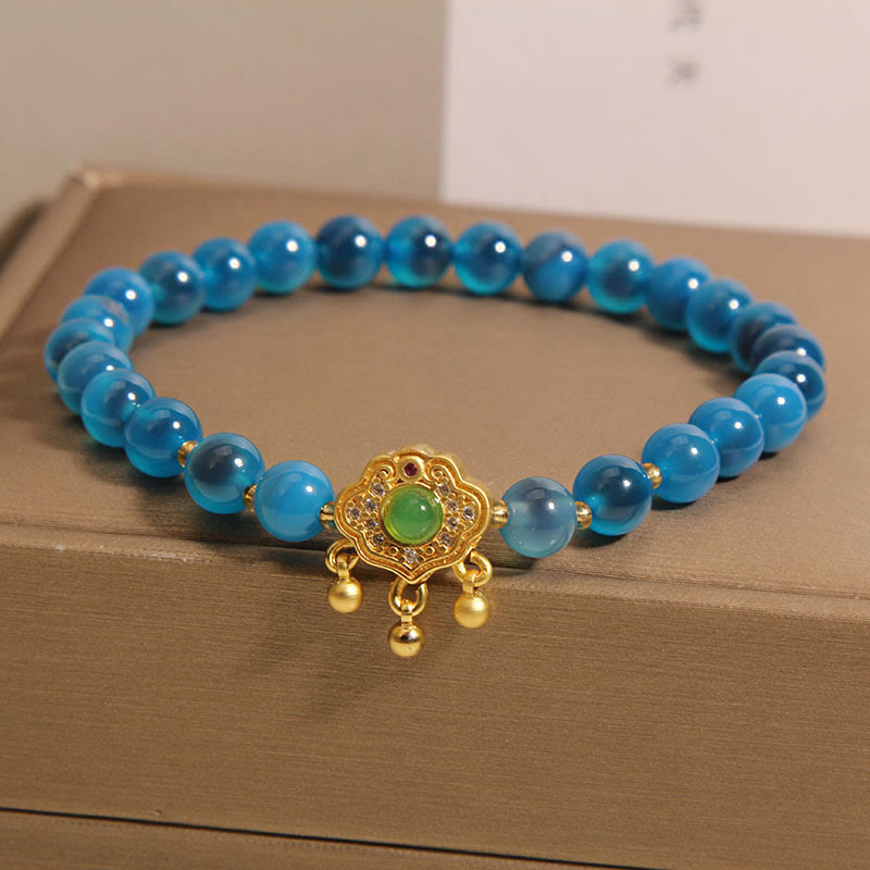 Fortune Jewel Blue Candy Agate Chinese Lock Charm Healing Bracelet