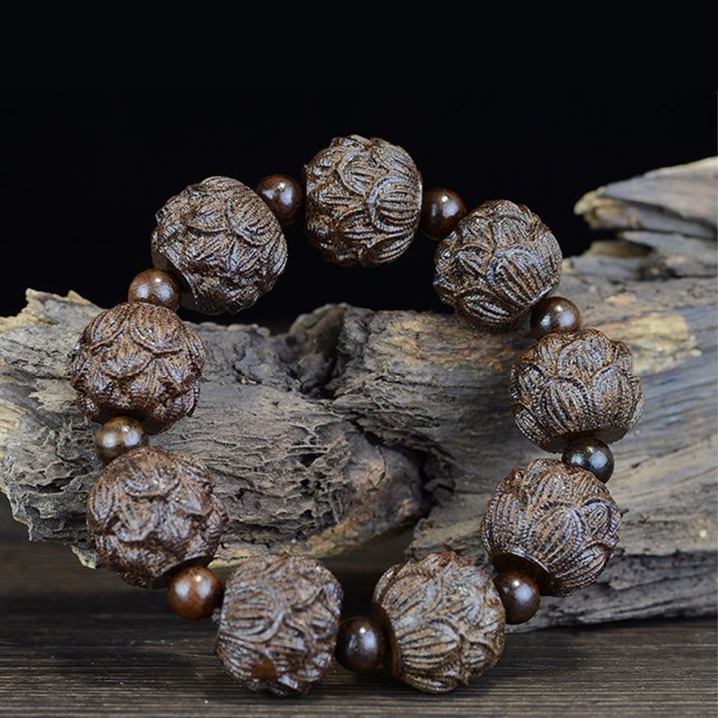 Fortune Jewel Ebony Wood Eighteen Arhats Lotus Dragon Engraved Balance Bracelet Fortune Jewel