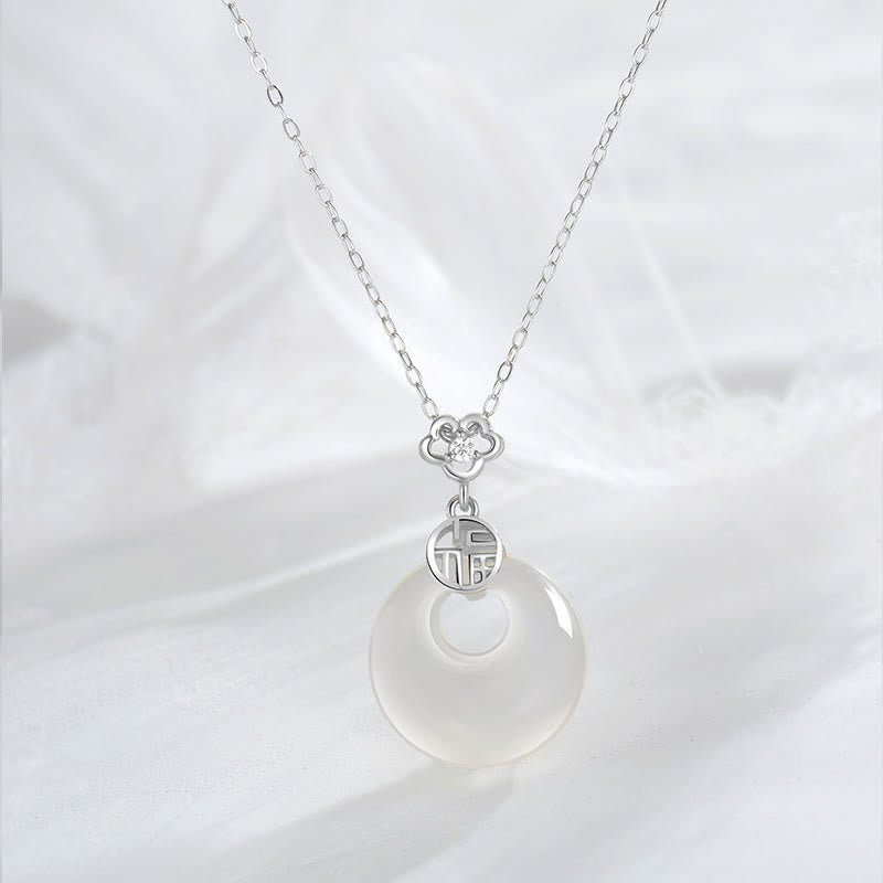 Fortune Jewel 925 Sterling Silver White Agate Fu Character Happiness Luck Necklace Pendant