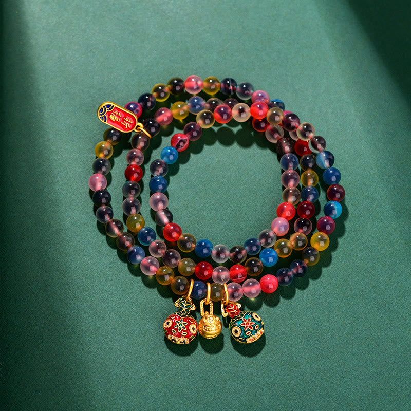 Fortune Jewel Colorful Candy Agate Gold Swallowing Beast Family Strength Charm Triple Wrap Bracelet