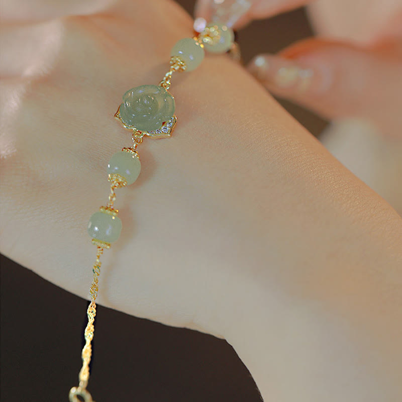 Fortune Jewel 14K Gold Plated Hetian Jade Rose Flower Luck Chain Bracelet