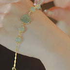 Fortune Jewel 14K Gold Plated Hetian Jade Rose Flower Luck Chain Bracelet