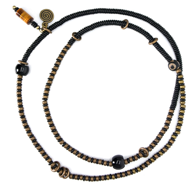 Fortune Jewel Ebony Wood Dzi Bead Copper Peace Couple Bracelet Necklace Pendant