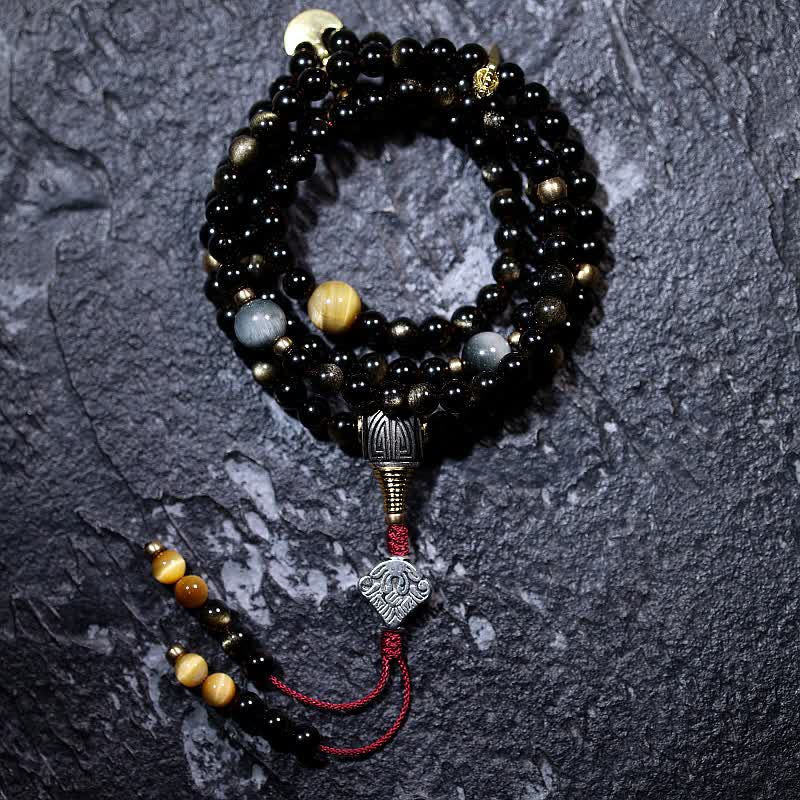 Fortune Jewel 108 Mala Beads Gold Sheen Obsidian Tiger Eye Eagle's Eye Stone Wealth Bracelet