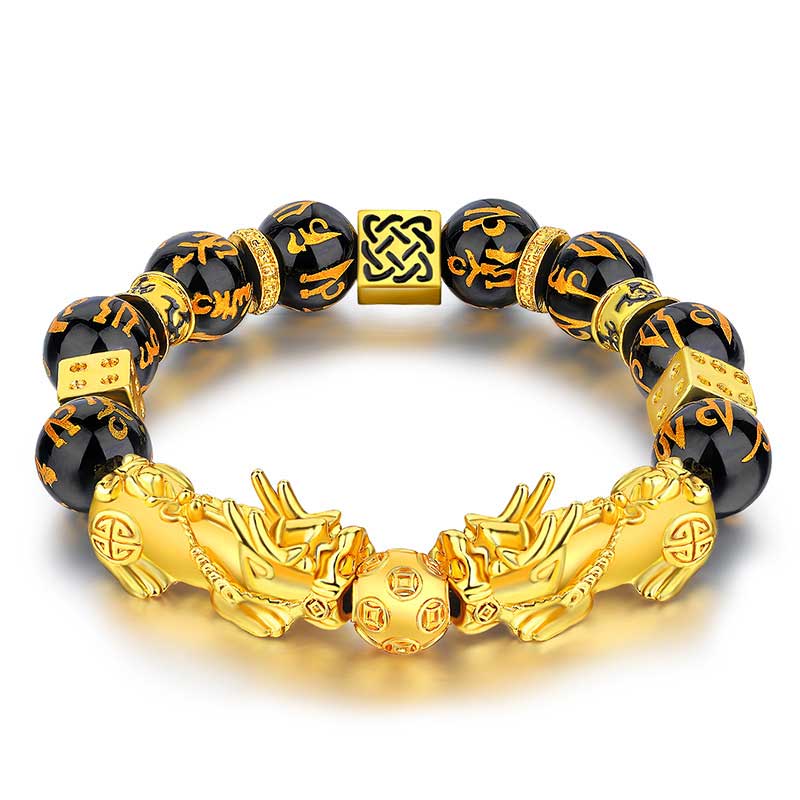Fortune Jewel FengShui Double PiXiu Obsidian Om Mani Padme Hum Wealth Bracelet