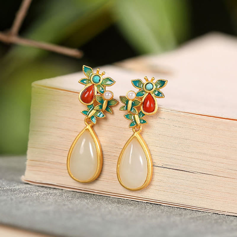 Fortune Jewel Water Drop White Jade Red Agate Butterfly Protection Drop Dangle Earrings