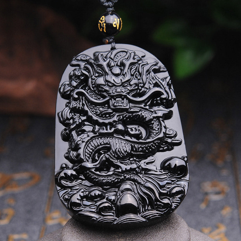 Fortune Jewel Black Obsidian Stone Dragon Fulfilment Pendant Necklace
