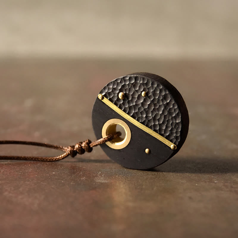 Fortune Jewel Handcrafted Round Ebony Wood Brass Copper Peace Necklace Pendant