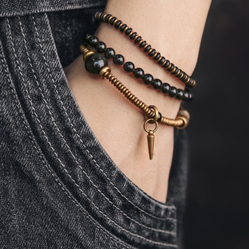 Fortune Jewel Rainbow Obsidian Ebony Wood Copper Healing Triple Wrap Bracelet