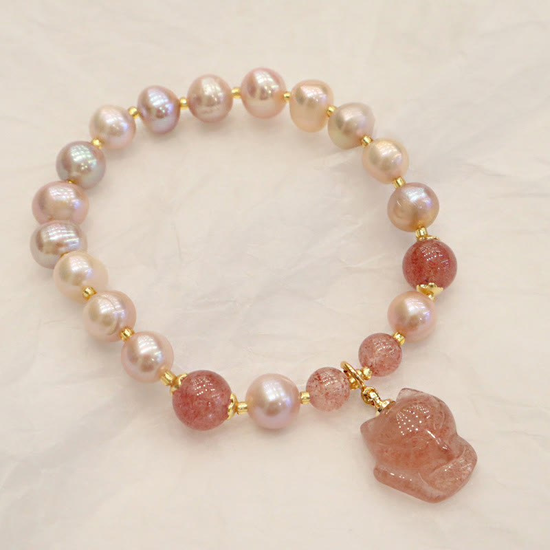 Fortune Jewel Natural Pearl Strawberry Quartz Cute Fox Love Healing Charm Bracelet