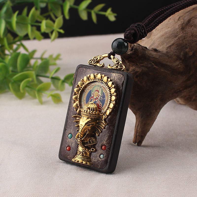 Fortune Jewel Ebony Wood Elephant God of Fortune Buddha Blessing Necklace String Pendant