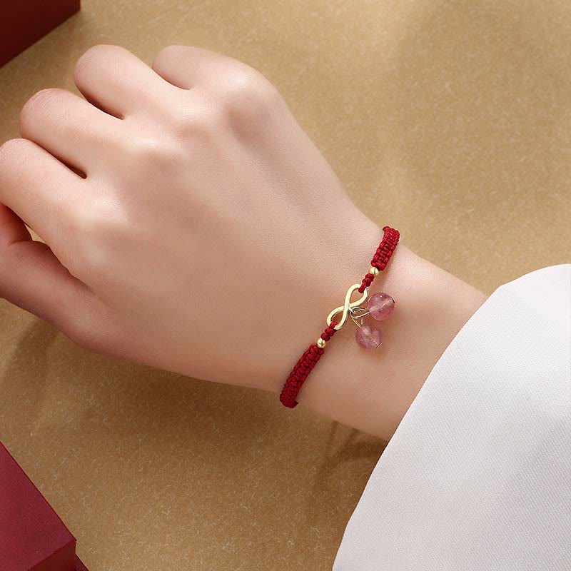Fortune Jewel Strawberry Quartz Crystal Endless Knot Love Healing Red String Weave Bracelet