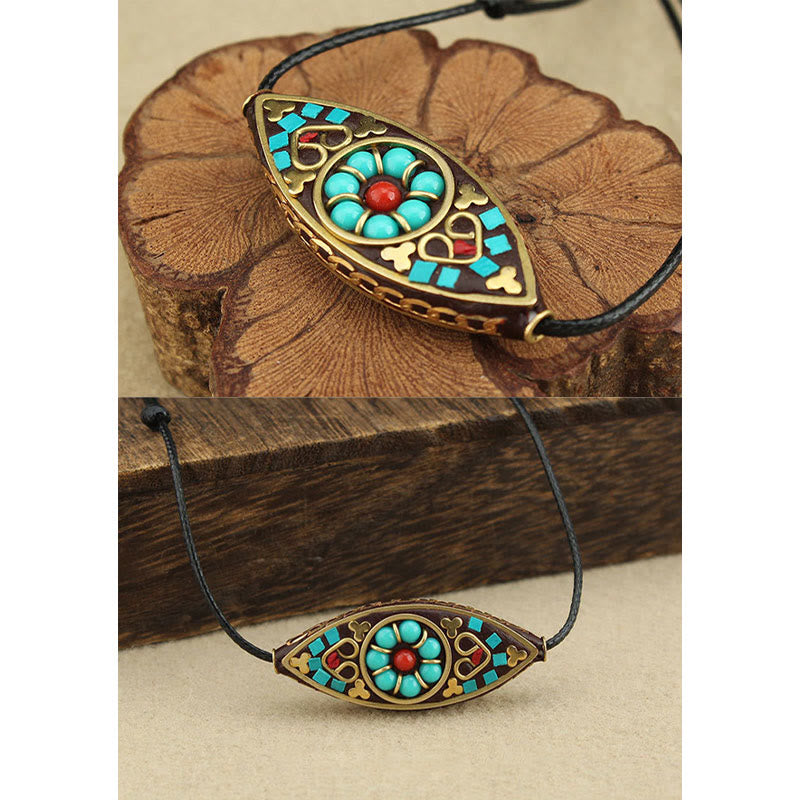 Fortune Jewel Tibet Turquoise Bead Marquise Pattern Protection Strength Necklace Pendant