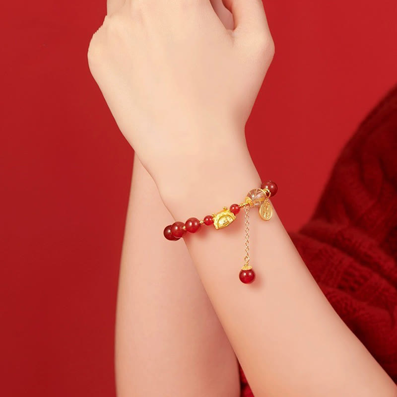Fortune Jewel Year of the Dragon Dumpling Natural Red Agate Garnet Hetian Jade Fu Character Luck Success Bracelet