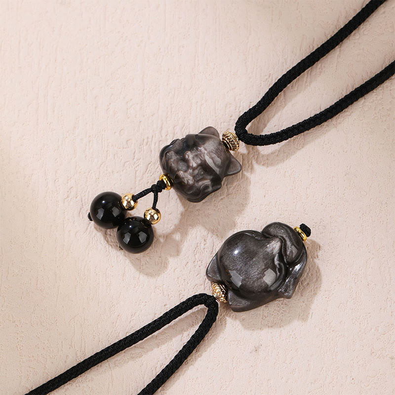 Fortune Jewel Natural Silver Sheen Obsidian Nine Tailed Fox Protection Necklace Pendant