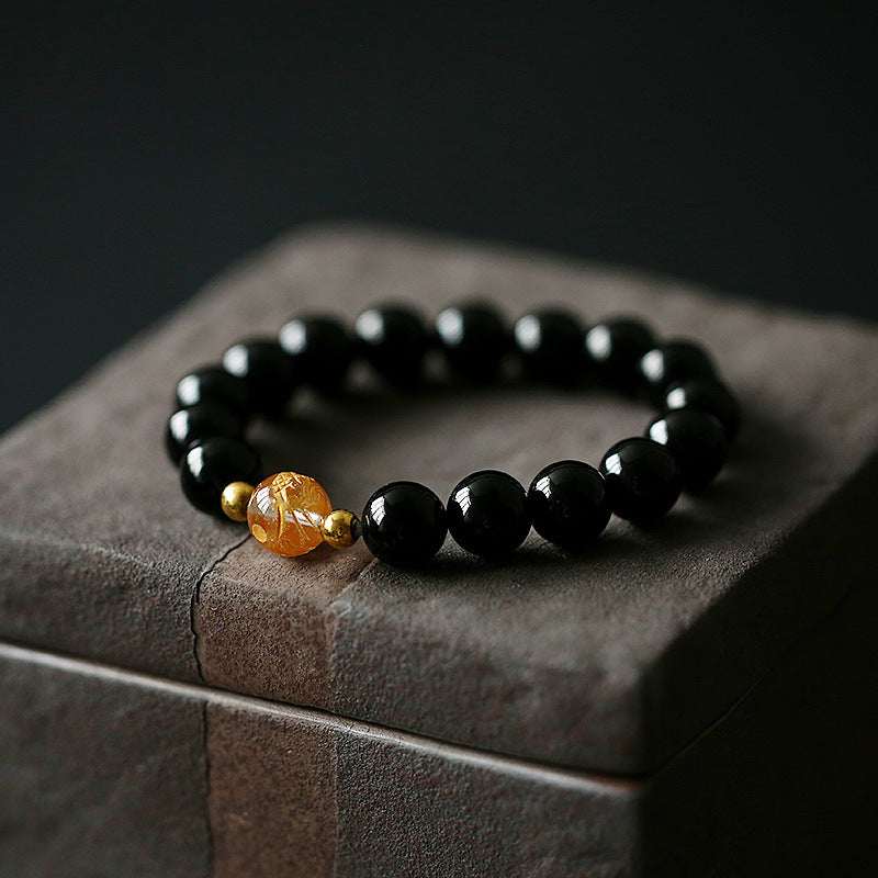 Fortune Jewel Natural Black Obsidian White Crystal Black Onyx Dragon Strength Bracelet