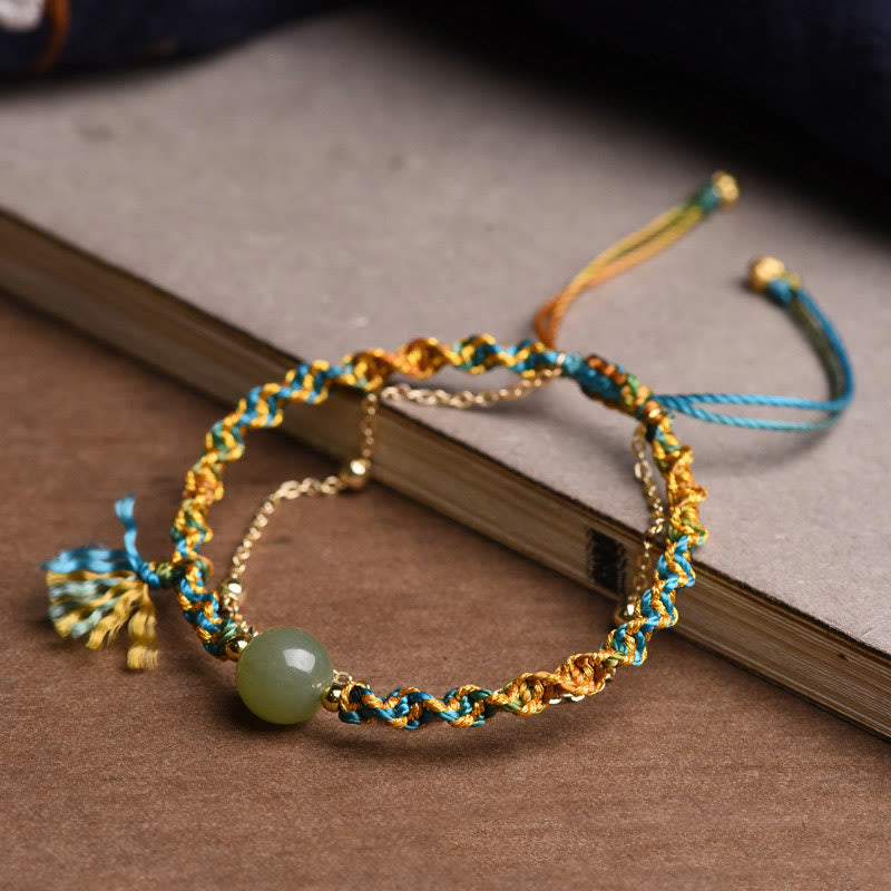 Fortune Jewel Handmade Colorful Rope Luck Jade Bead Abundance Double Layer Bracelet