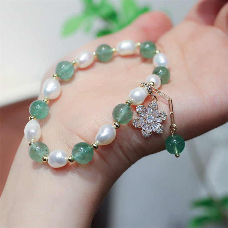 Fortune Jewel Natural Green Strawberry Quartz Pearl Flower Charm Love Bracelet