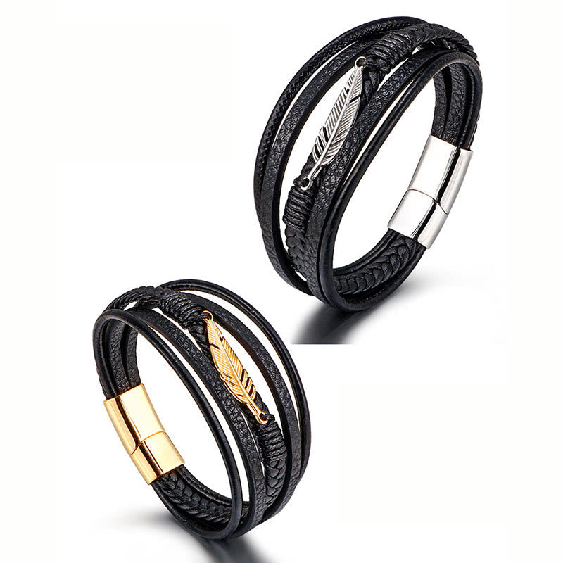 Fortune Jewel Feather Pattern Multilayer Leather Titanium Steel Calm Braided Magnetic Buckle Bracelet