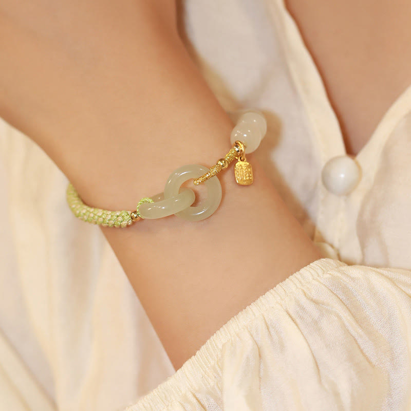 Fortune Jewel Natural Hetian Jade Bead Double Peace Buckle Fu Character Abundance Braided Bracelet