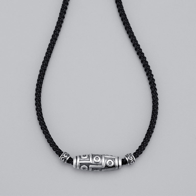 Fortune Jewel 999 Sterling Silver Nine-Eye Dzi Bead Pattern Protection Rope Necklace Pendant